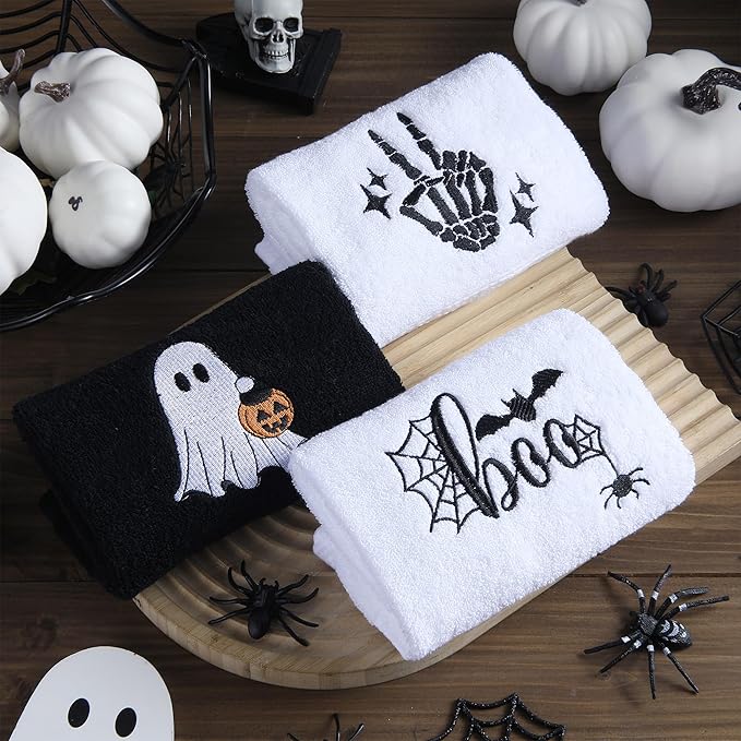 3 Pcs Halloween Hand Towels for Bathroom, Boo Ghost Black White Embroidered