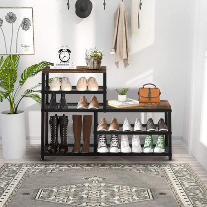 Katrawu Shoe Rack Bench Shoe Storage Organizer with Seat, 5-Tier Industrial Free Standing Shoe Rack for Entryway, Narrow Shoe Rack Organizer Shelves for High Heels, Entryways, Hallways, Closets,Brown