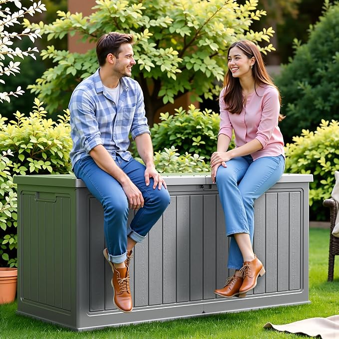 Flamaker Resin Deck Box 270 Gallon, Waterproof Imitation-Wood Lockable Storage Box with Separator Plate Outdoor Indoor, Garden, Patio Furniture for Tools&Pool Accessories (Gray)