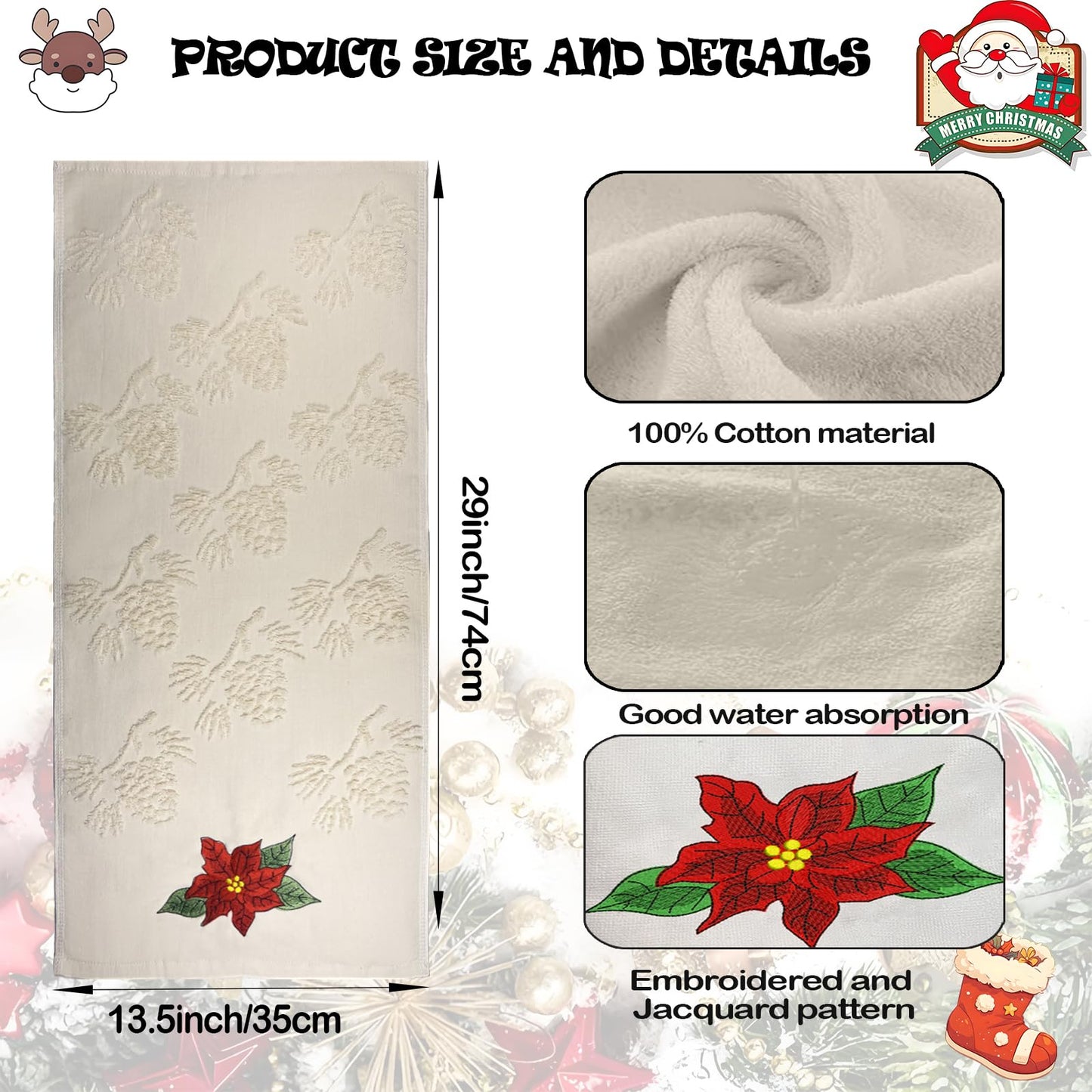 Xkdamai 2 Pack Christmas Hand Towels 100% Cotton Jacquard Pine Cone Embroidered Poinsettia Holiday Kitchen Dish Towels Retro Neutral Beige Bathroom Towels Set Gift Seasonal Xmas Winter Bathroom Decor