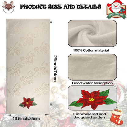 Xkdamai 2 Pack Christmas Hand Towels 100% Cotton Jacquard Pine Cone Embroidered Poinsettia Holiday Kitchen Dish Towels Retro Neutral Beige Bathroom Towels Set Gift Seasonal Xmas Winter Bathroom Decor