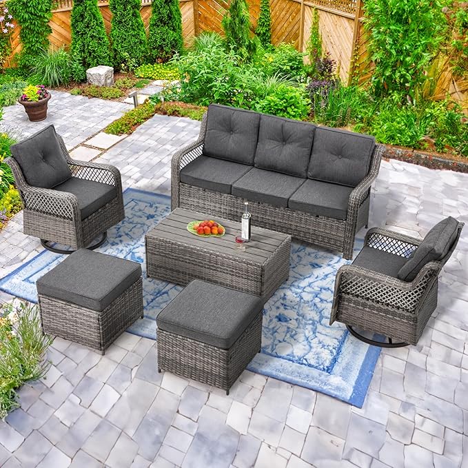 6 Pieces Wicker Patio Furniture Set Conversations Sets, 2 Outdoor 360° Swivel