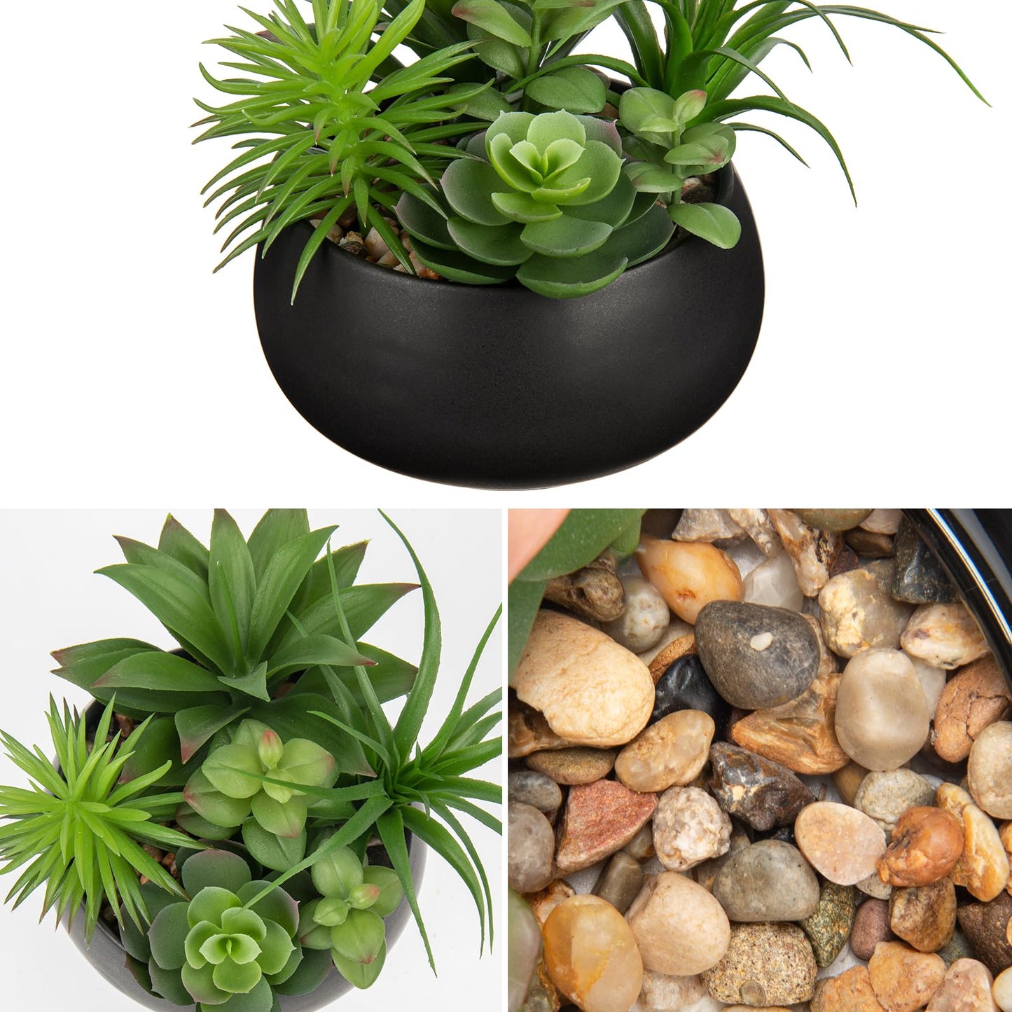 Hollyone Fake Plants Artificial Succulents in Pots Faux Succulent Arrangement Potted Plant in Black Ceramic Planter Bowl for Home Decor Office Desk Bathroom Shelf Living Room Indoor Decorations