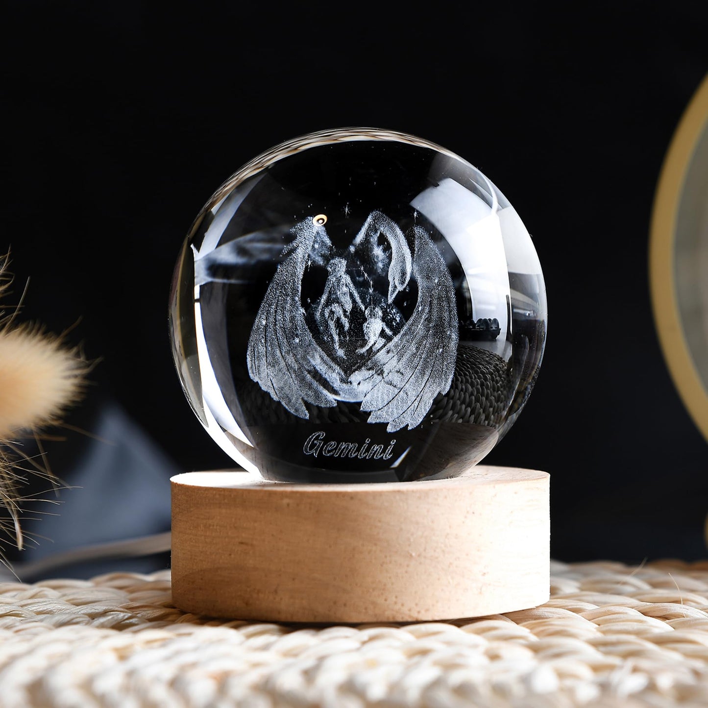 QIANCHANG 3D Laser Etched Gemini Crystal Ball with LED Light Stand, Constellation Decor Glass Sphere Lamp, Zodiac Astrology Birthday Gifts for Women Kids