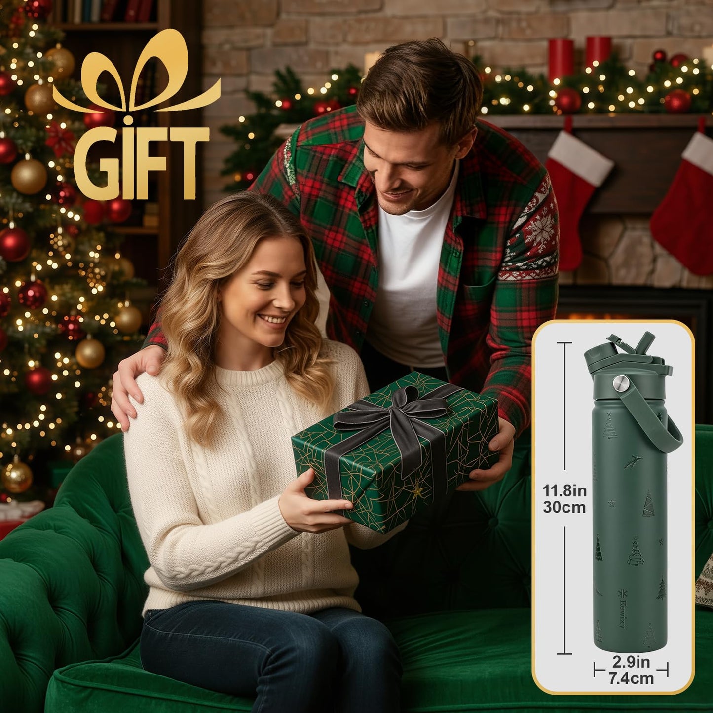 KEWIXY 24 oz Christmas Water Bottle, 2-in-1 Lid, Straw & Spout, Insulated, Leak Proof, Keep Cold, Stainless Steel, Metal, Reusable, Handle, Holiday Gift, Cupholder Friendly, Green Tree