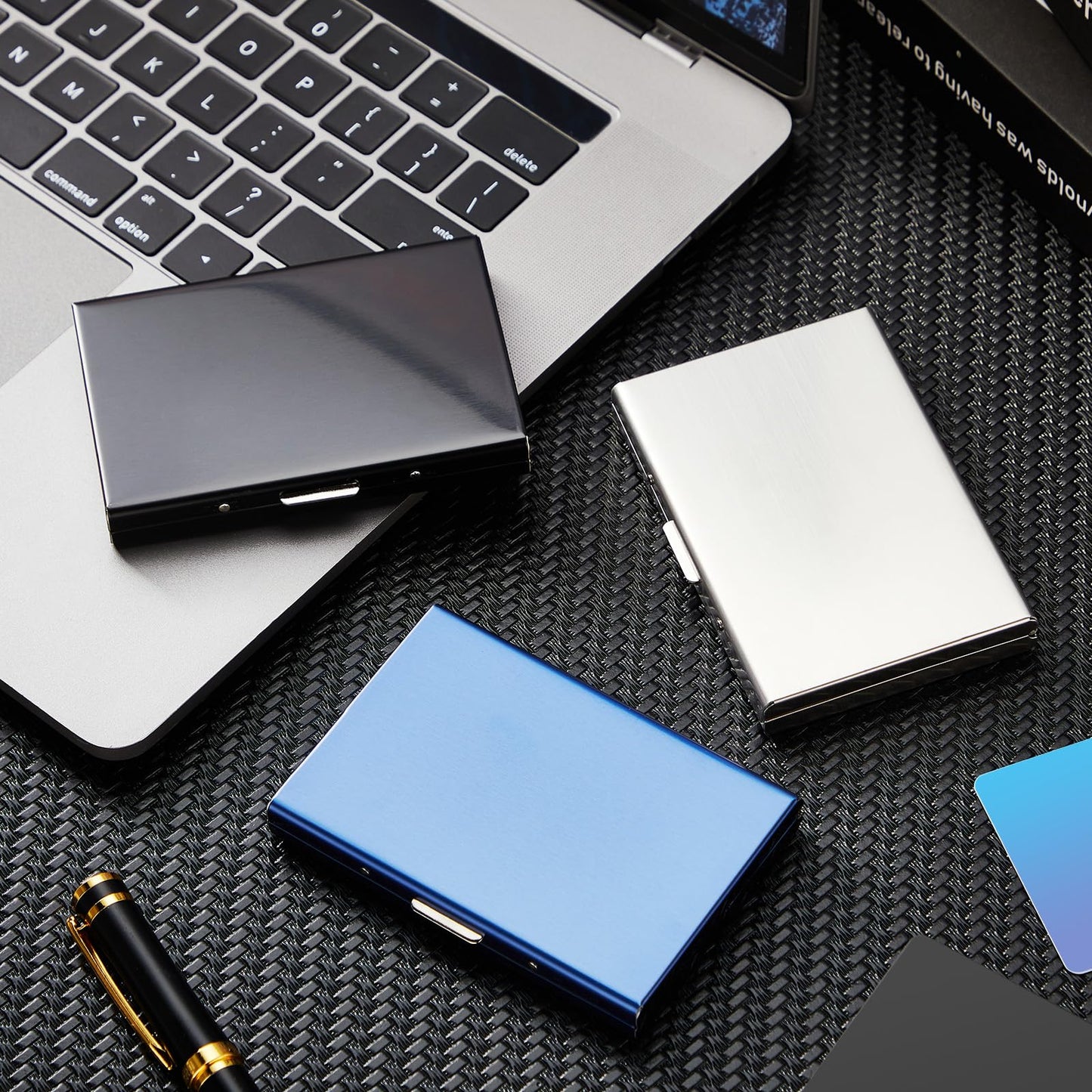 Thenshop 3 Pcs Stainless Steel Credit Card Holder Metal RFID Blocking Case Protector Metal ID Card Wallet with 6 Slot for Men Women Gift Box(Silver, Black, Blue)