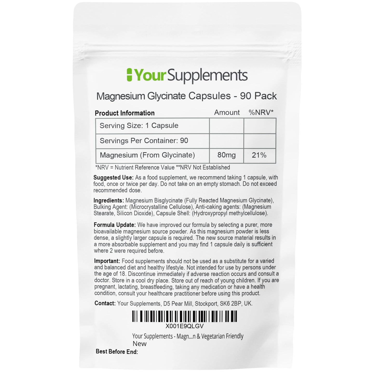 Magnesium Glycinate by Your Supplements | UK Made | True Unblended Bisglycinate | 90 High Absorption Capsules | Suitable for Vegetarians & Vegans