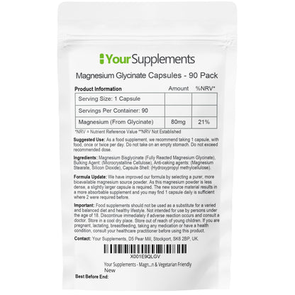 Magnesium Glycinate by Your Supplements | UK Made | True Unblended Bisglycinate | 90 High Absorption Capsules | Suitable for Vegetarians & Vegans