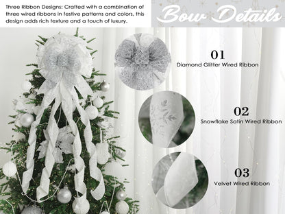 HUIHUANG Silver and White Christmas Tree Topper Bow 13 inch x 45 inch Large Glitter Christmas Bows Snowflake Velvet Bows for Christmas Tree Ornament, Wreaths, Staircase, Mantel, Home Decor