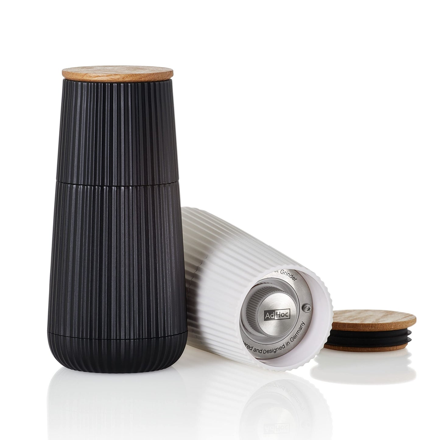 AdHoc Pepper and Salt Mill Set Scape, Black & White, CeraCut Ceramic Grinder, Plastic/Oak Wood, D: 5,8 cm, H: 12,3 cm