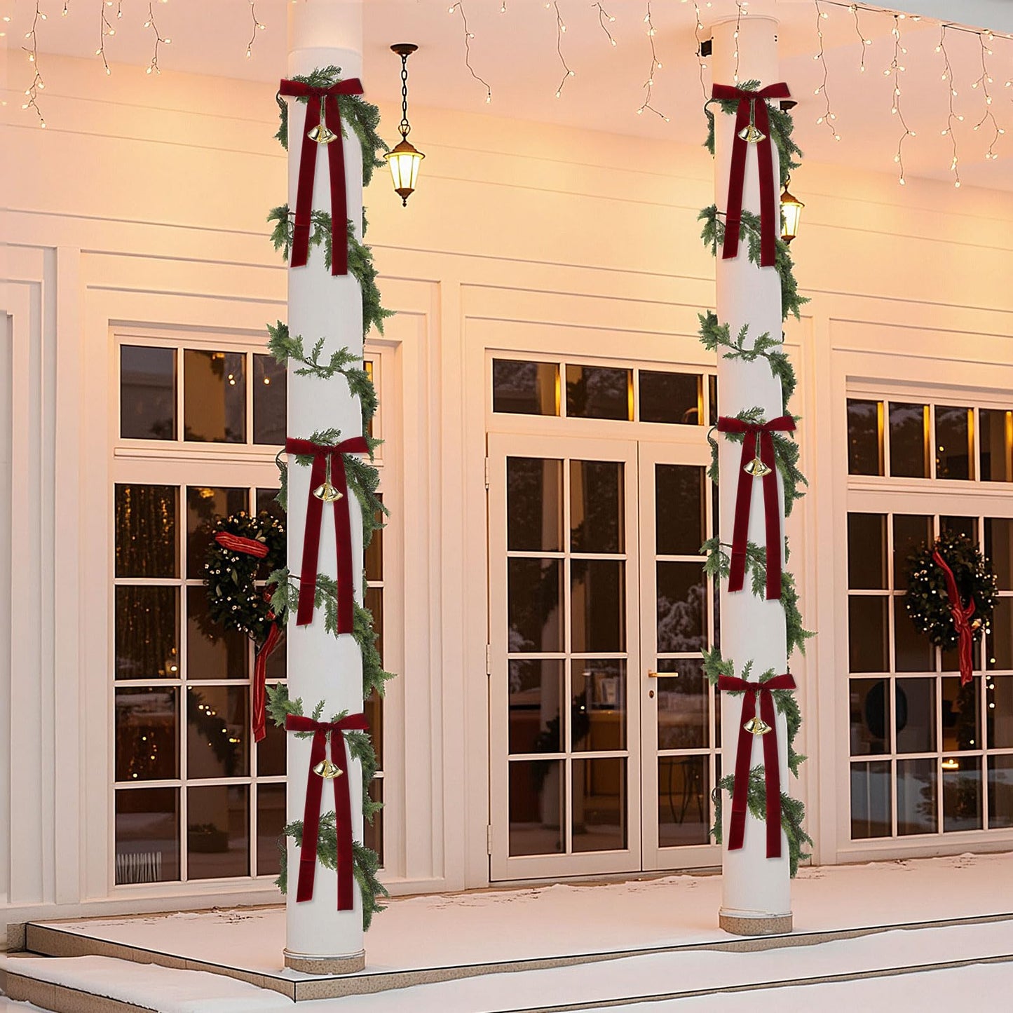 Suncalla 17 Extra Long Christmas Artificial Cedar Pine Cypress Garland with Ribbons and Bells Christmas Pine Decorations for Stairs Indoor Outdoor Wall Table Mantel Fireplace Xmas Decor