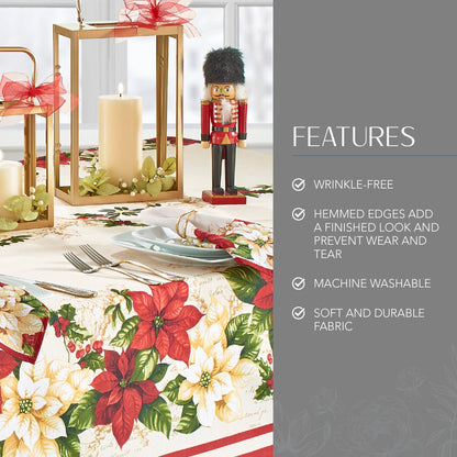 Elrene Home Fashions Red and White Poinsettia Holiday Wrinkle Resistant Fabric Tablecloth, 60" x 144" Rectangle, Multi