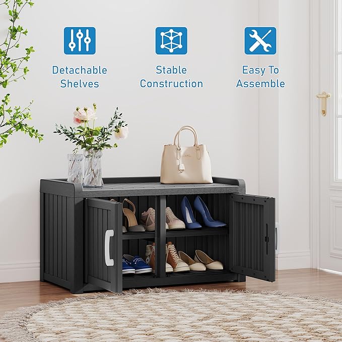 2-Tier Storage Bench, Waterproof UV-Resistant Outdoor Shoe Storage Cabinet with 2 Doors & Adjustable Shelves for Indoor Outdoor Entryway, Hallway, Living Room (Black)