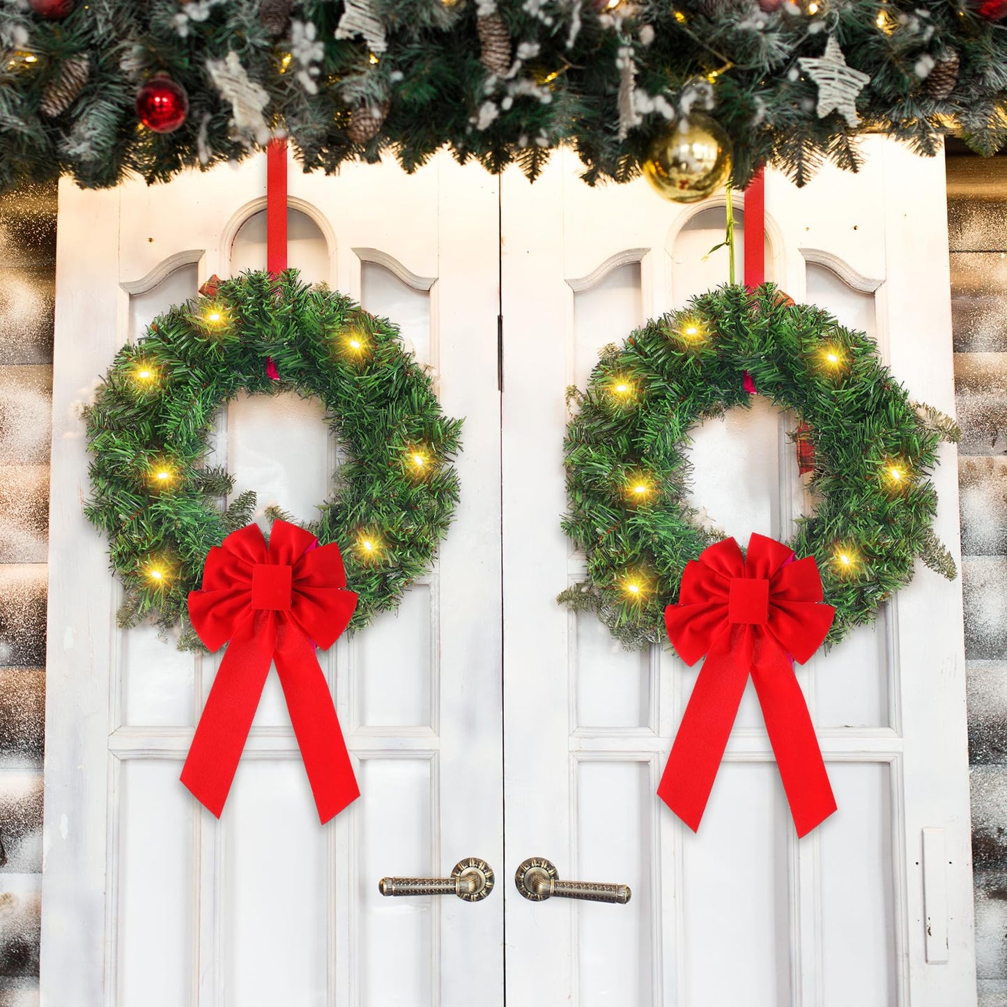 Daifunli 6 Pcs Pre Lit Christmas Wreath with Lights for Windows 11.8 Inch LED Christmas Front Door Wreath with Bow Greenery Artificial Hanging Garlands for Fireplaces Home Porch Wall Decor