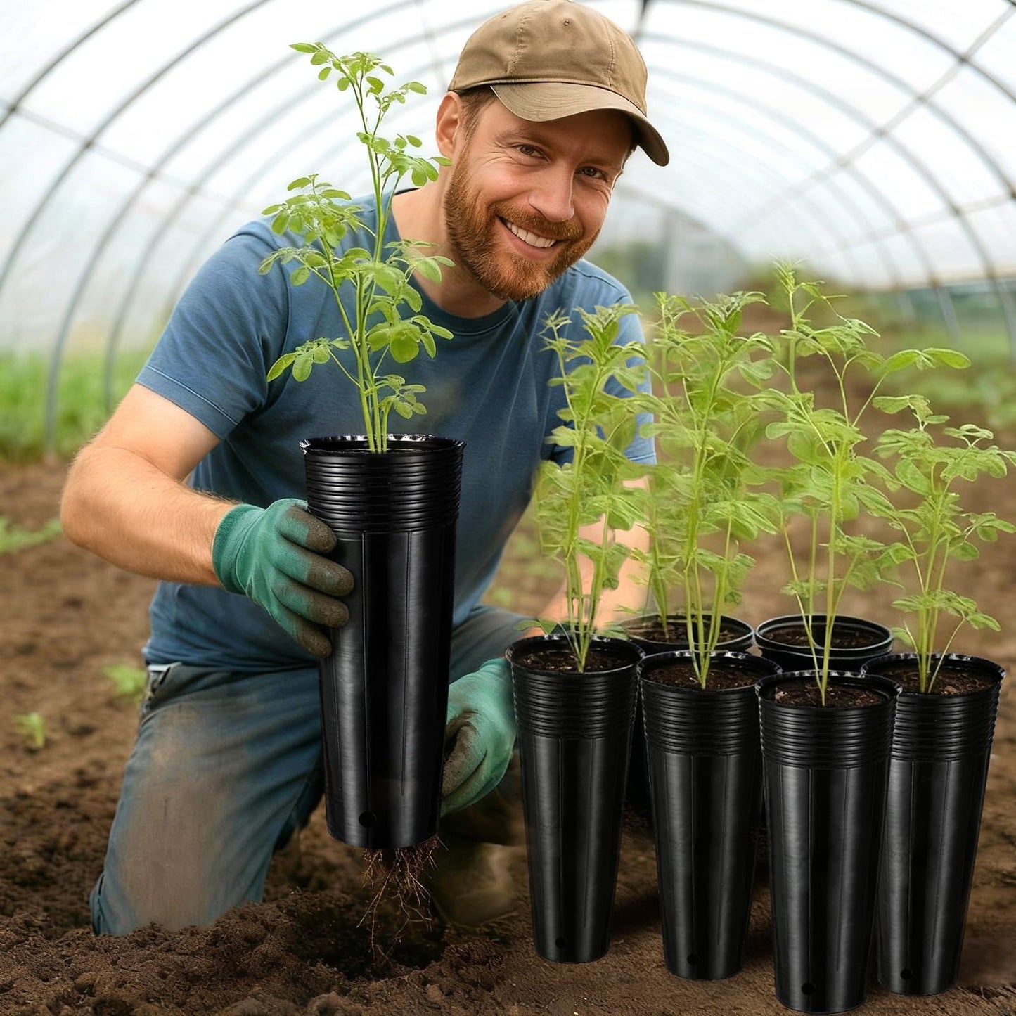 Ferrochef 100 Pack Tall Tree Pot 11.8'' x 4.7'', Black Plastic Deep Nursery Pots, Soft Deep Seedling Pots for Seed Starting, Plant Starter Cups with Drainage Holes for Flowers, Cutting & Transplanting