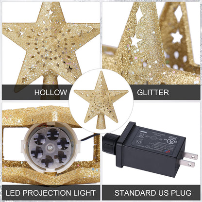BLOOMWIN Christmas Tree Topper Lighted with Snowflake Projector, LED Rotating Hollow Snowflake, 3D Glitter Lighted Gold Star Tree Topper for Xmas Tree Festival Decorations Lights