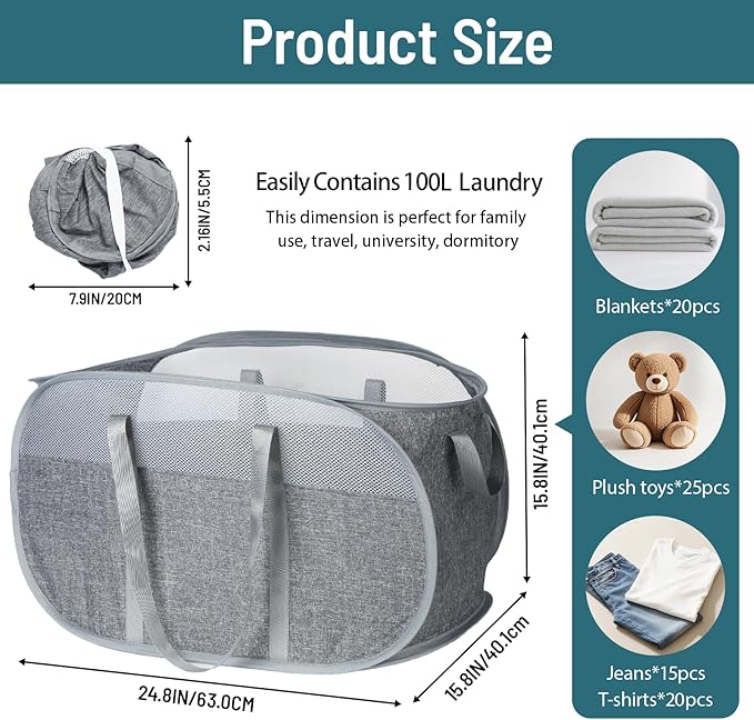 100L Collapsible Laundry Baskets, Tear Proof Pop Up Laundry Hamper