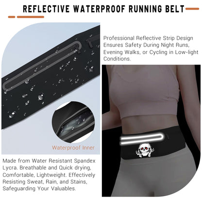 Music Skull Running Belts for Women and Men,Runner Waist fanny pack Wallet Holder,Waterproof Reflective phone holder,Cool Rock Skeleton Fitness Belt with 3 Zipper Pockets,Marathon Cycling Gear Gift