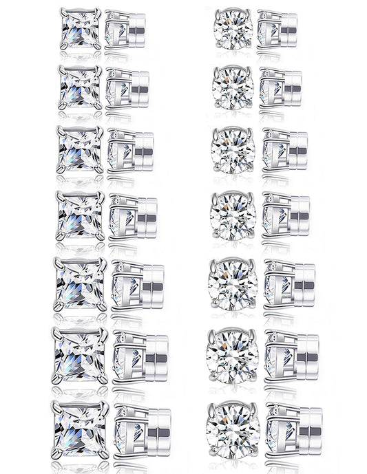 Ofeiyaa 14 Pairs Magnetic Earrings for Men Women Non Piercing Round Square CZ Stud Earrings Stainless Steel Fake Clip on Earring Jewelry Set 4-10MM Silver Color