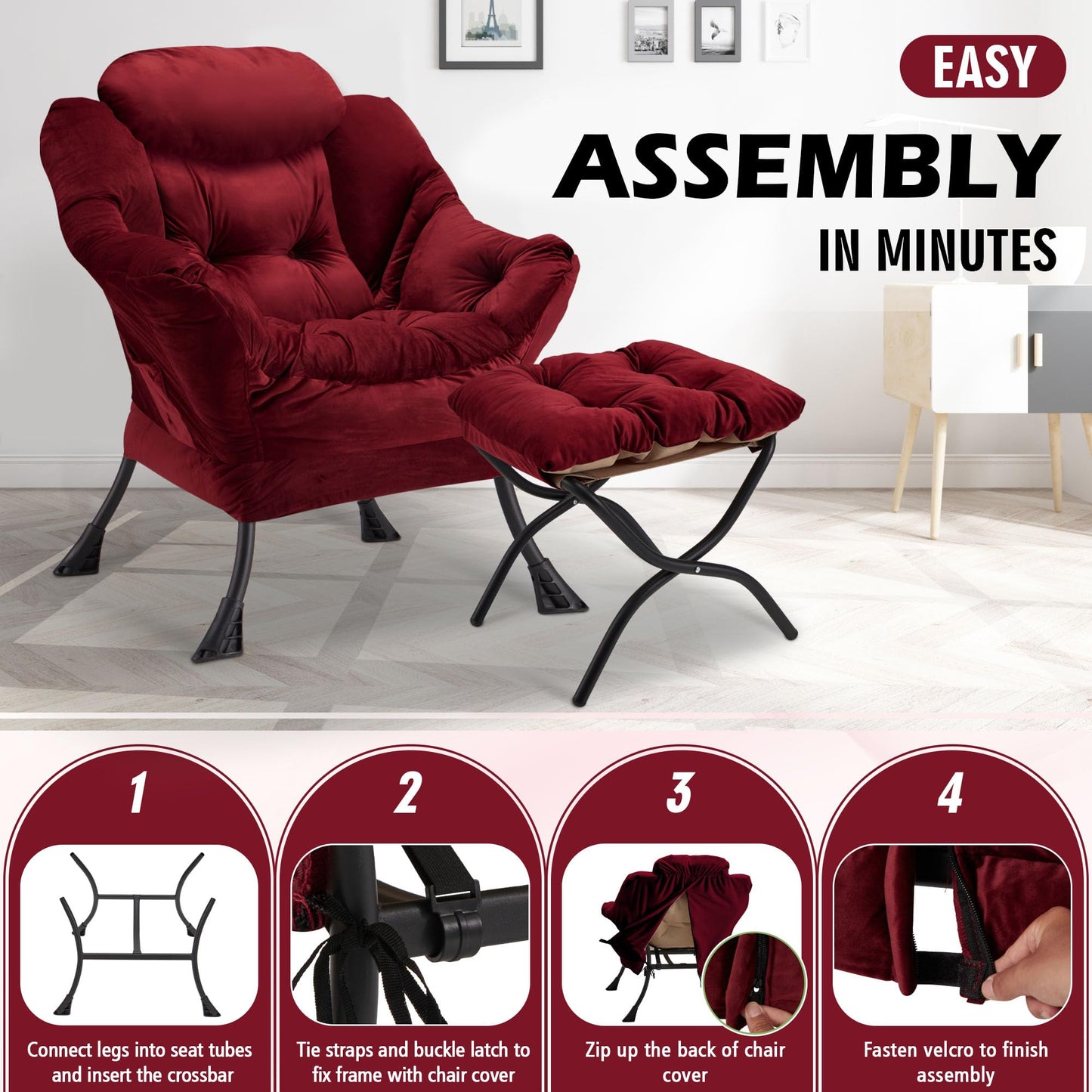 Avocahom Accent Lazy Chair with Ottoman,Leisure Sofa Armchair with Footrest,Oversized Reading Chair for Bedroom,Dorm Room,Living Room,Courtyard,Office,Dusty Rose