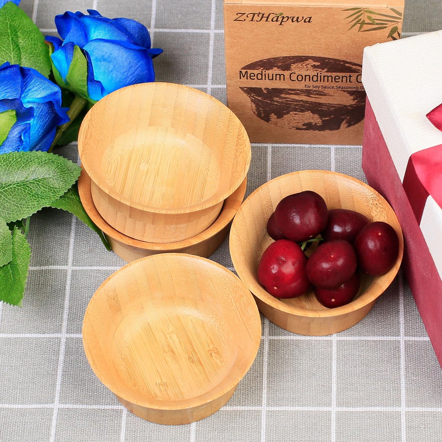 ZTHapwa Small Bamboo Wooden Bowls, 3.4 OZ Salsa Bowls for Side Dishes/Dipping Sauce, Hand Carved Kitchen Prep Bowl for Salt/Condiments, Charcuterie Board Accessories 4 Pcs