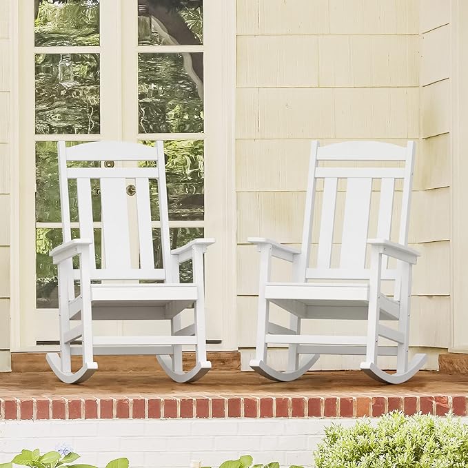 LUE BONA Outdoor Rocking Chairs Set of 2, Weather Resistant HDPS Poly Rocker Chairs, 350lb Heavy Duty, Oversized Porch Rocker for Adult, High Back Smooth Rocking Chair for Outdoor & Indoor, White