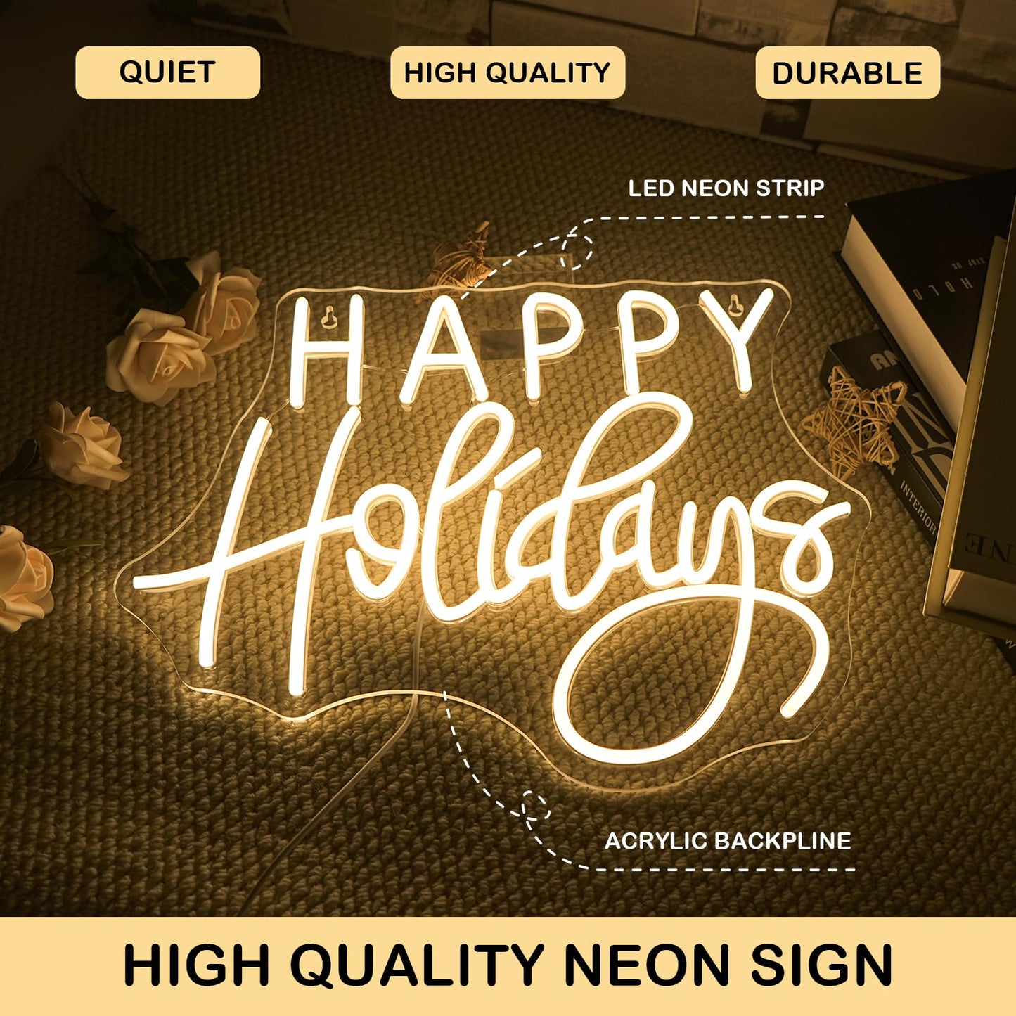 Horseneon Happy Holidays Neon Sign Merry Christmas Neon Signs for Wall Decor Christmas Tree Neon Light LED Sign with USB Powered for Party, Windows, Home Decor, Bedroom, Living room Warm