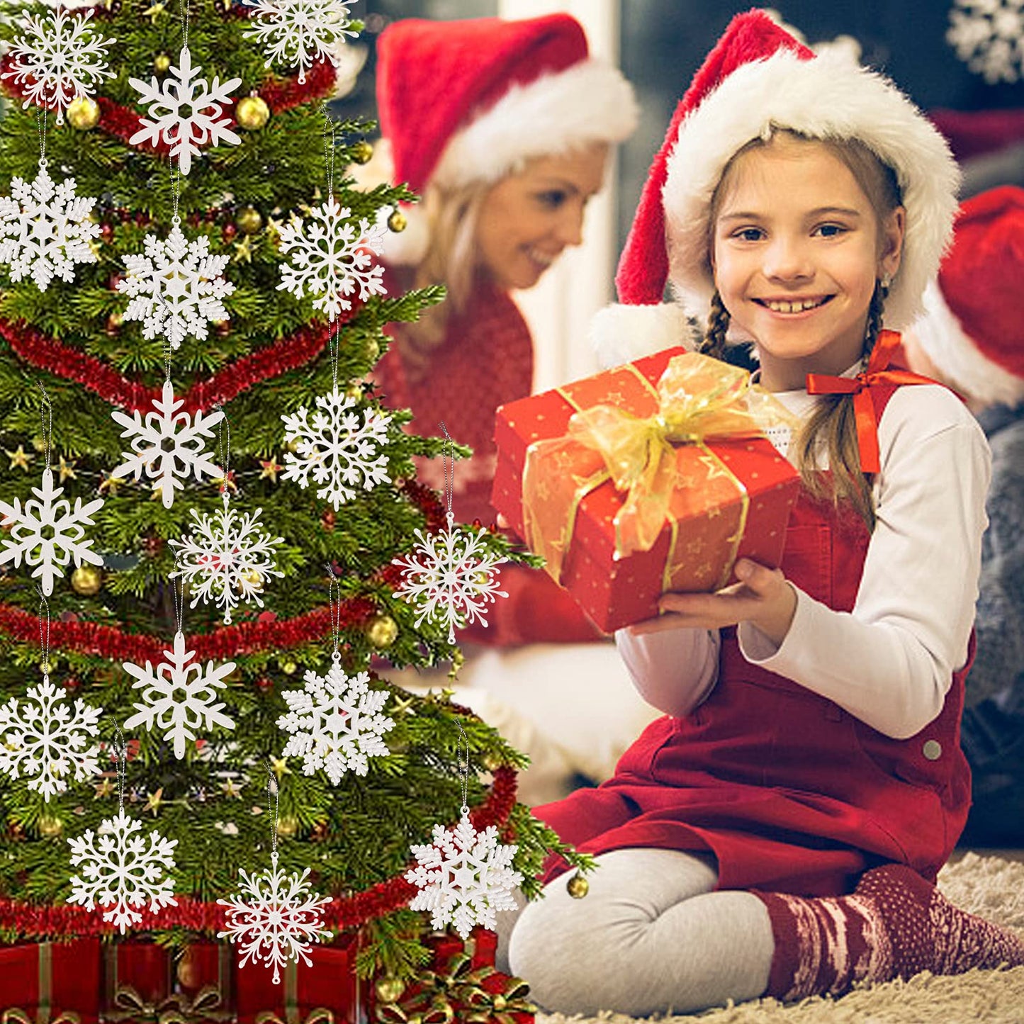 Glitter Snowflake Ornaments, 40pcs White Christmas Snowflakes Hanging Decorations for Xmas,Holiday and Party