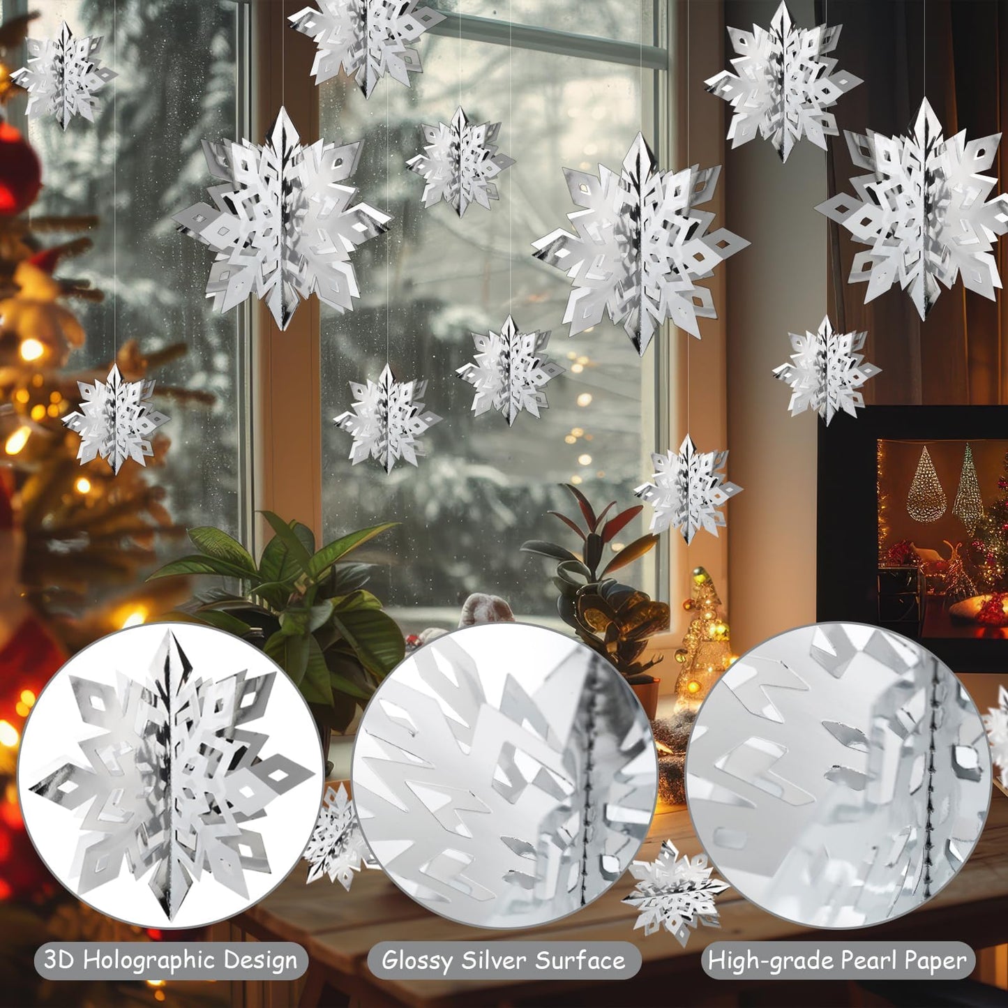 OuMuaMua Christmas Snowflake Decorations Indoor, 24PCS 3D Silver Hanging Snowflakes Garland for Winter Wonderland Decor Xmas Christmas Party Baby Shower Holiday Home Decorations