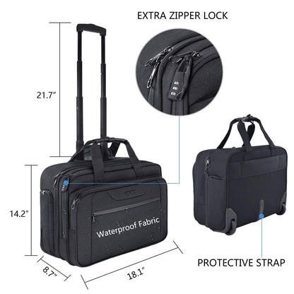 KROSER Rolling Laptop Bag Premium Wheeled Briefcase Fits Up to 17.3 Inch Laptop Water-Proof Overnight Roller Case Computer Bag with RFID Pockets for Travel/Business/School/Men/Women-Black