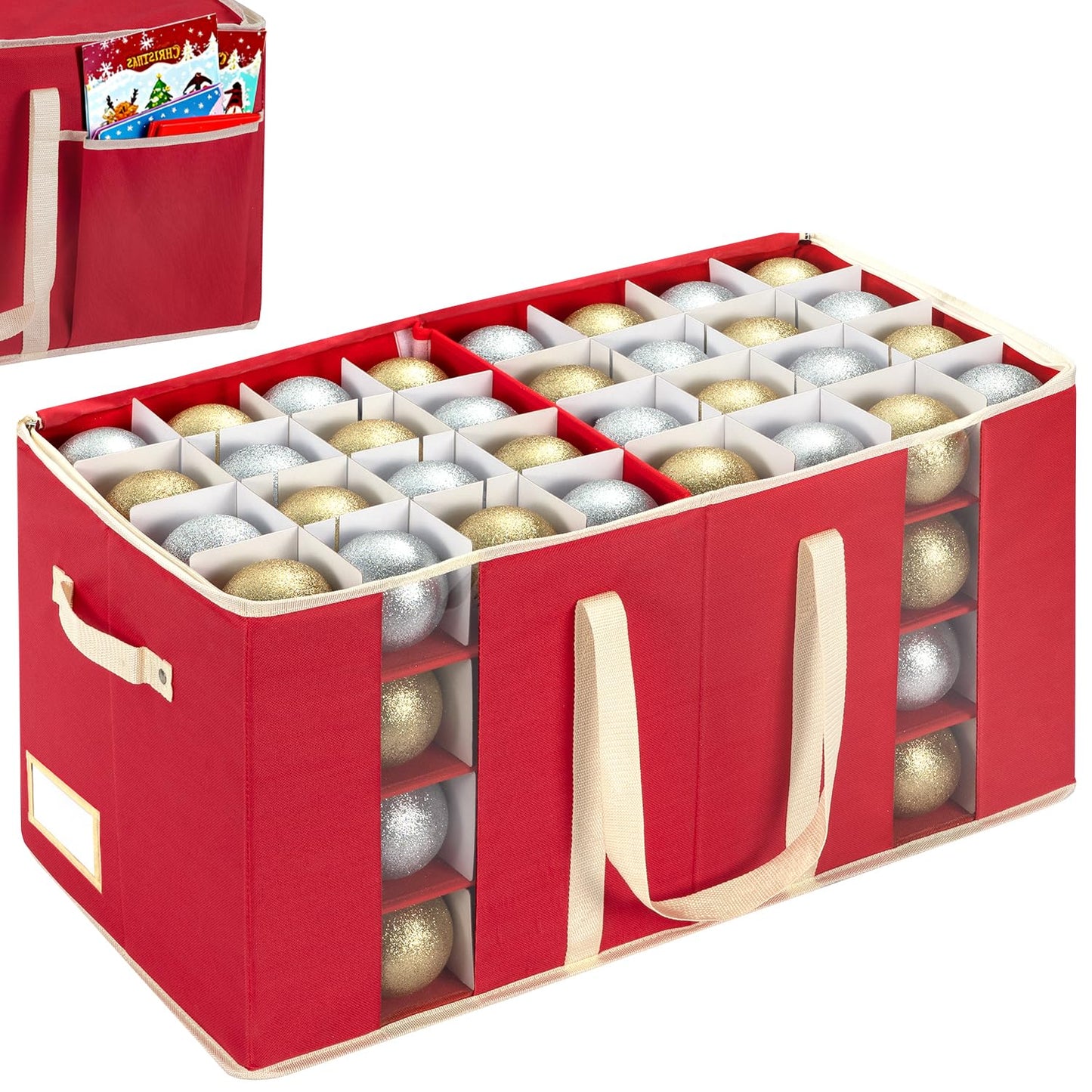 JY COOKMENT Christmas Ornament Storage Box with Adjustable Dividers, Large Holiday Ornaments Storage Container Bin with Zippered Top for Xmas Decorations (128-3" Balls, Red, Without Tray)
