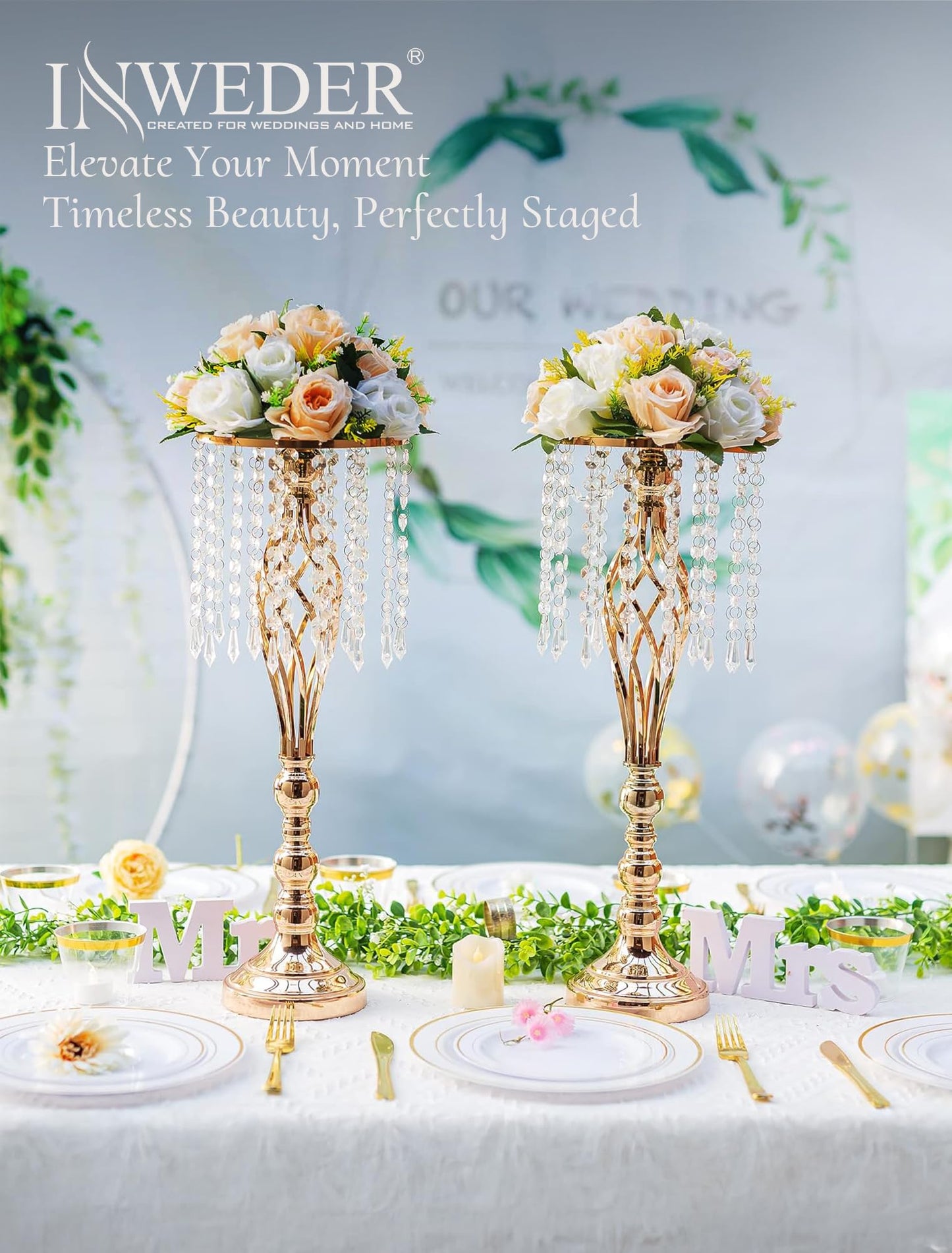 Inweder Gold Vases Centerpieces for Table: 21.7" Tall Flower Stand with Crystal Patent for Wedding Center Piece Party Event Set of 2