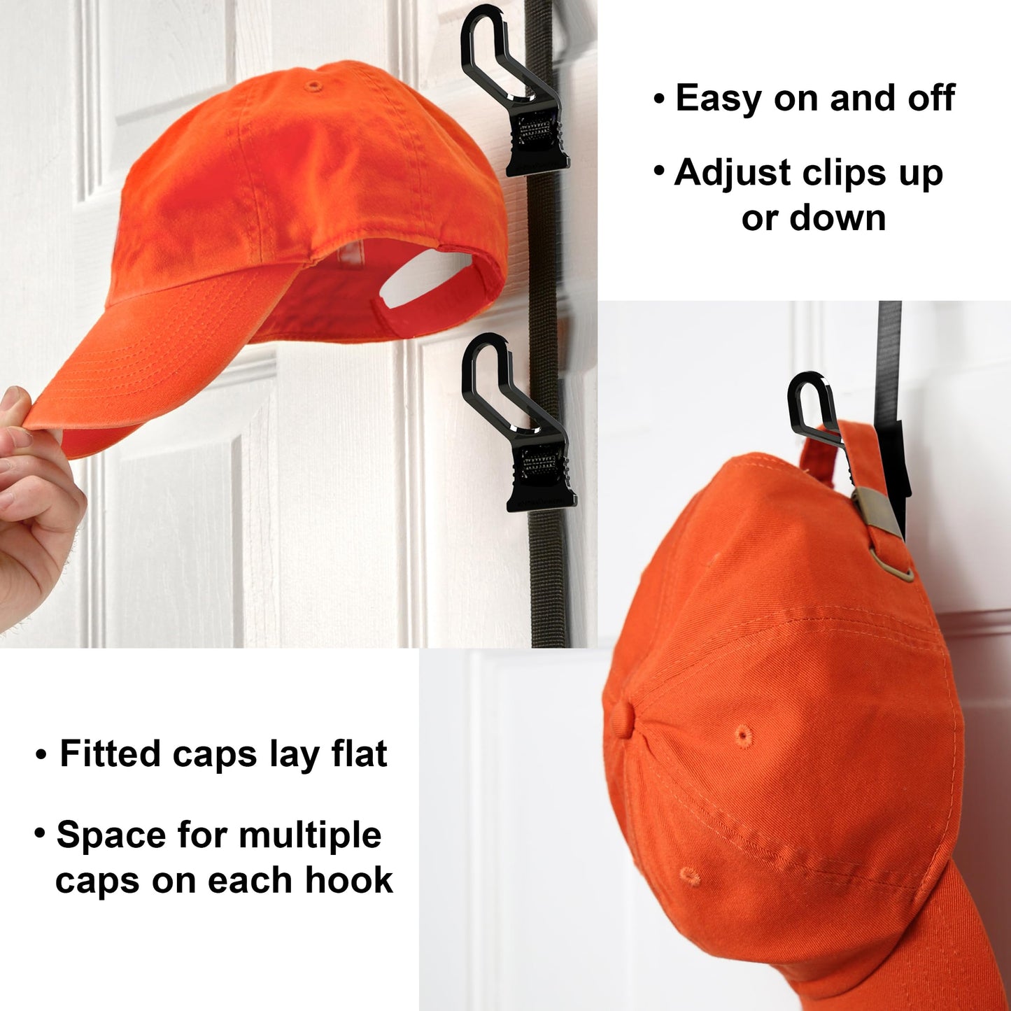 Perfect Curve Hat Organizer CapRack | Over-The-Door Hat Rack and Organizer | Baseball Cap Rack | Hat Rack for Door | Cap Organizer | 2 Straps | Holds 18 to 36 Adjustable Caps |Black
