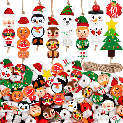 40Sets Christmas Wooden Beads Ornaments Crafts Kits：DIY Xmas Santa, Elf, Gingerbread, Penguin, Reindeer, Snowman, Tree Winter Decorations Stocking Stuffers Goodie Bag Party Supplies