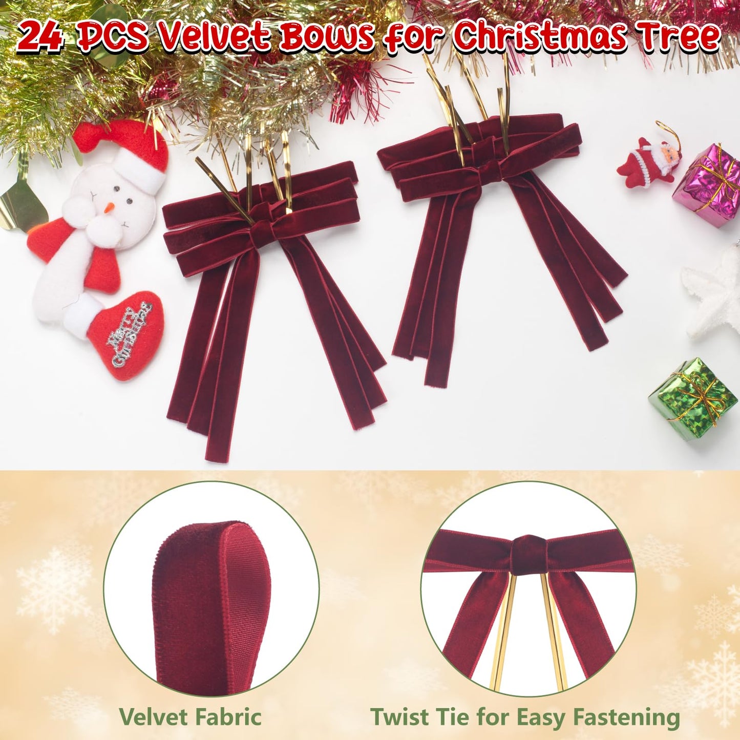 Burgundy Velvet Bows for Christmas Tree, 24 PCS Small Dark Red Christmas Bows Decorations, Maroon Bow Ornaments for Xmas Tree, Wreaths, Garland, Holiday, Gift Wrapping - 5/8'' Wide, 5 × 7 inch