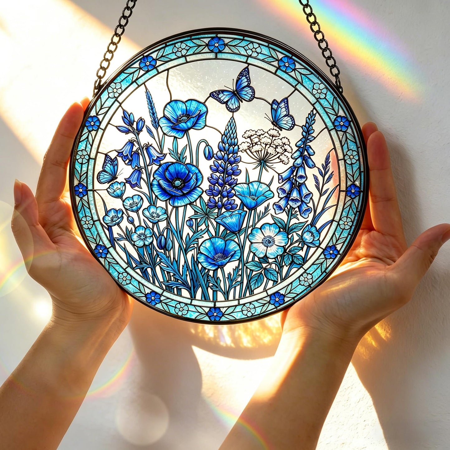 Stained Glass Window Hanging, 7.8 Inch Blue Floral Stained Glass Sun Catcher, Suncatchers for Windows, Window Hanging Ornaments, Spring Gift for Mom, Garden Lover Gift, Mother's Day & Birthday Gift