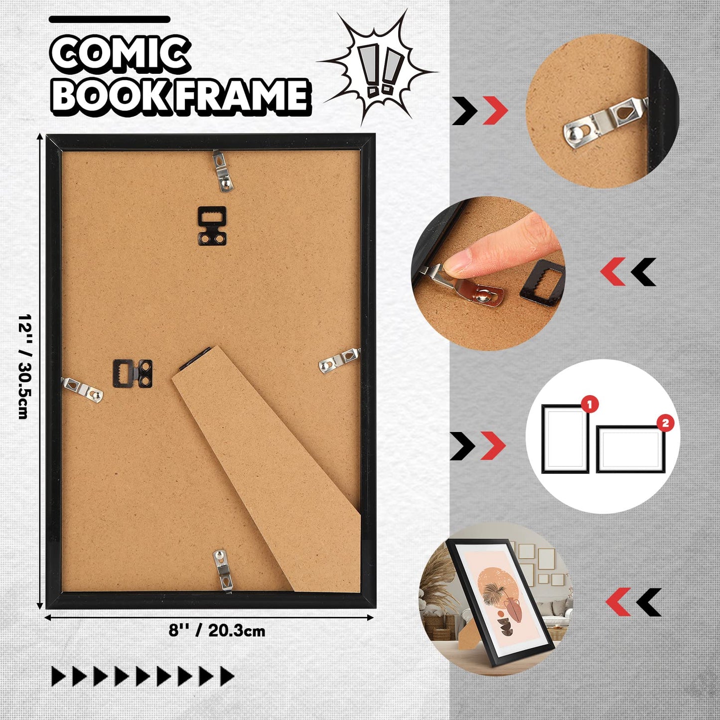 Geetery 8 Pack Comic Book Frame, UV Protection, Comic Picture Magazine Frames Fits Current up to 6 3/4 x 10 1/4, Wall or Tabletop Display with Spring Clips Installed Hangers(Black (White Mat))