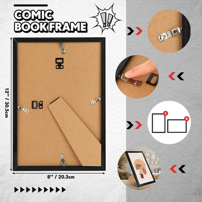 Geetery 8 Pack Comic Book Frame, UV Protection, Comic Picture Magazine Frames Fits Current up to 6 3/4 x 10 1/4, Wall or Tabletop Display with Spring Clips Installed Hangers(Black (White Mat))