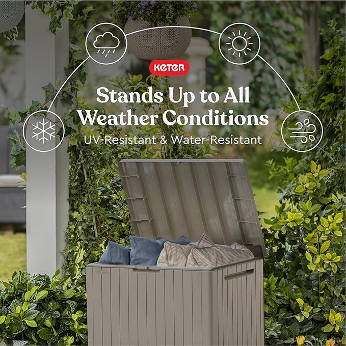 Keter City 30 Gallon Resin Outdoor Storage Box & Patio Side Table for Balcony, Pool, Deck & Garden Accessories, Weather‑Resistant, Beige