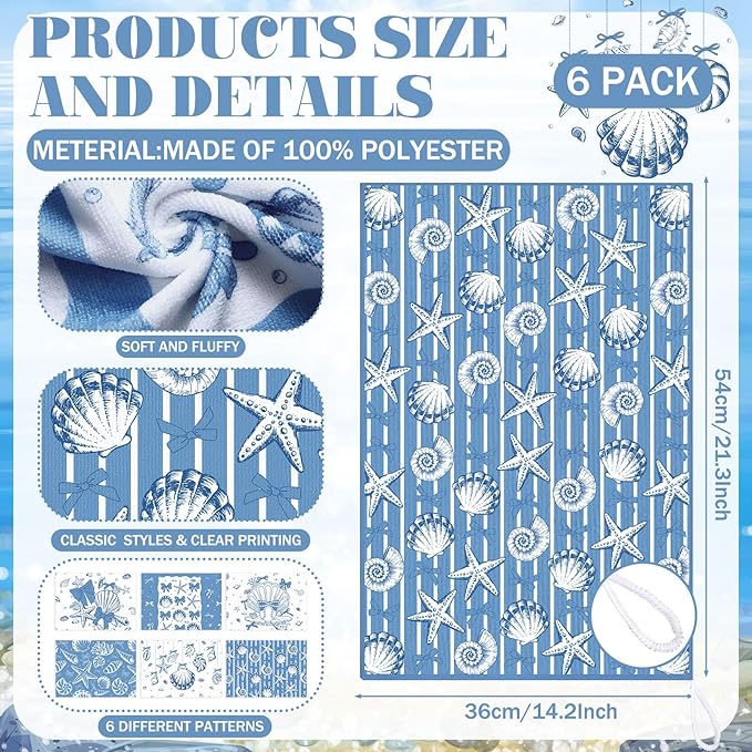 Breling Set of 6 Coastal Beach Kitchen Towels Blue Bow Dish Towel Bathroom