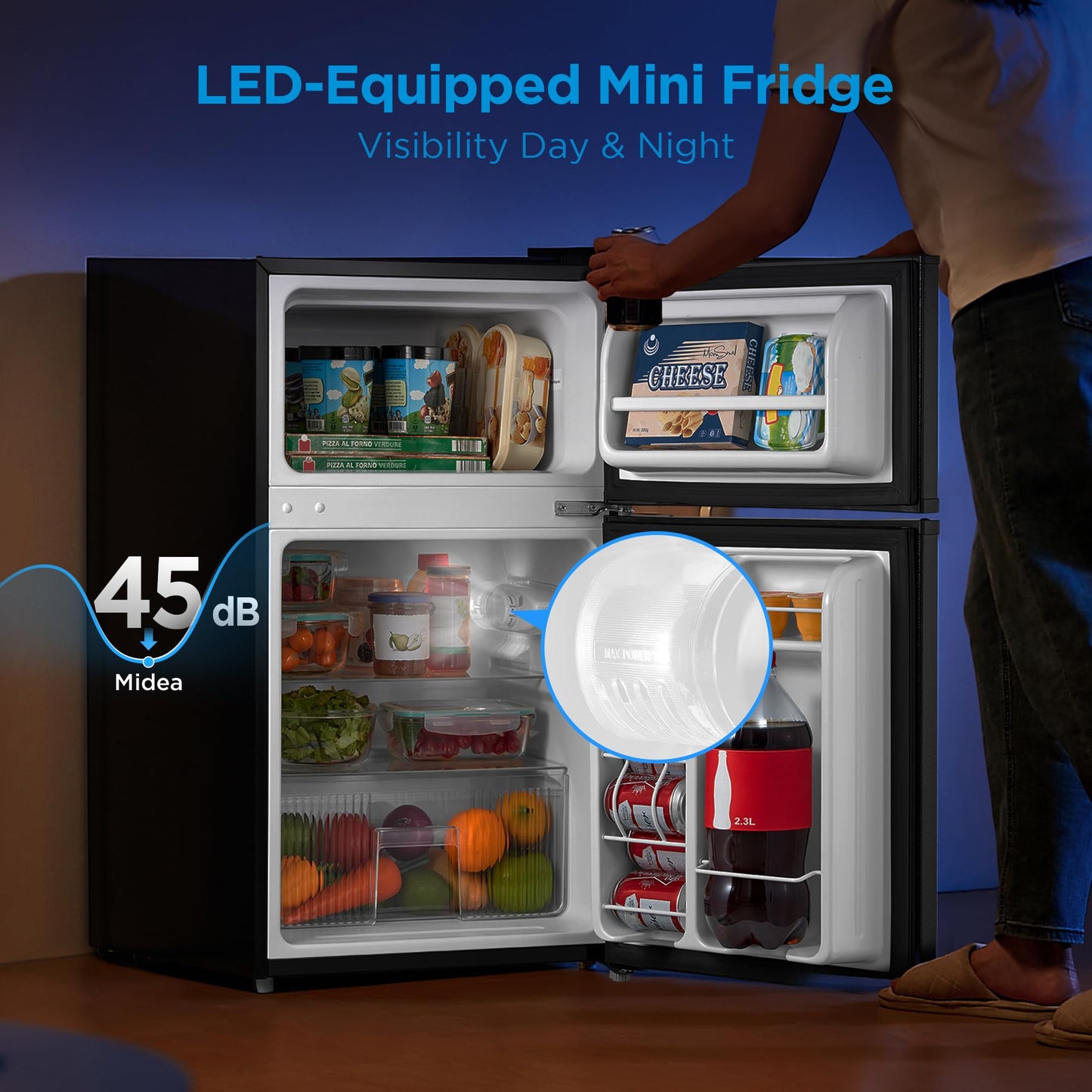 Midea WHD-113FB1 Double Door Mini Fridge with Freezer for Bedroom Office or Dorm with Adjustable Remove Glass Shelves Compact Refrigerator, 3.1 cu ft, Black