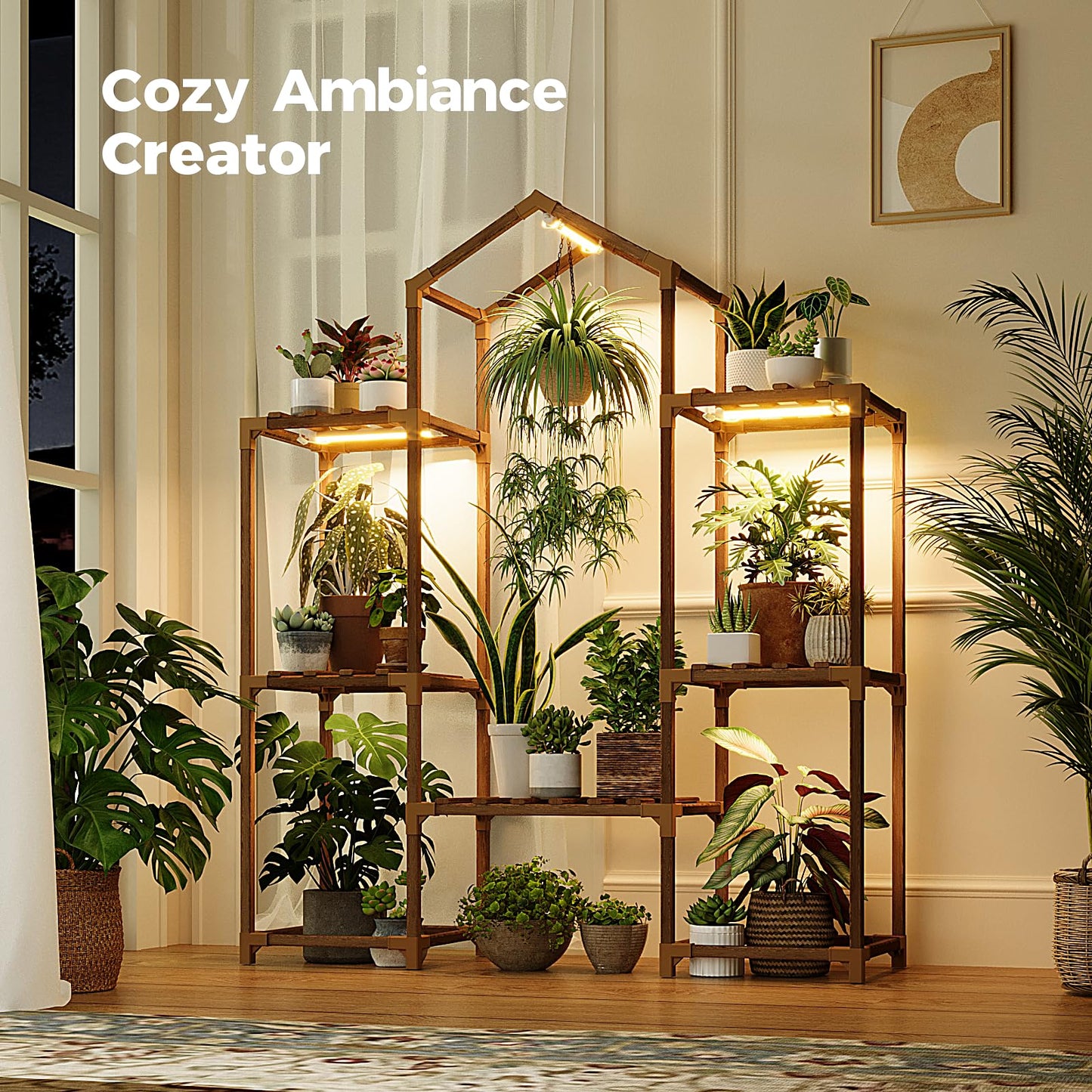 Bamworld Plant Stand Indoor with Grow Lights Wood Plant Shelf for Hanging Planter Pots Display Flower Stand for Living Room Patio Garden Decor