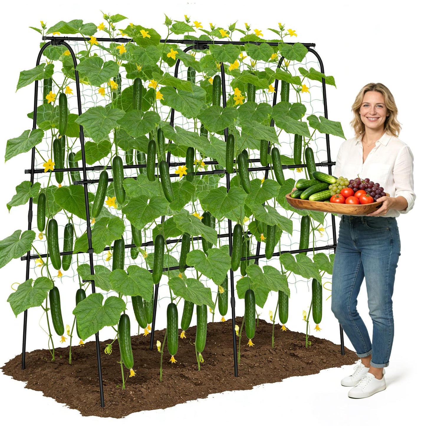 Cucumber Trellis for Raised Bed, 62"x62"U-Shape Garden Trellis for Climbing Plants Outdoor, Metal Arch Plant Support with Netting for Cucumbers, Beans, Tomatoes & Climbing Vegetables