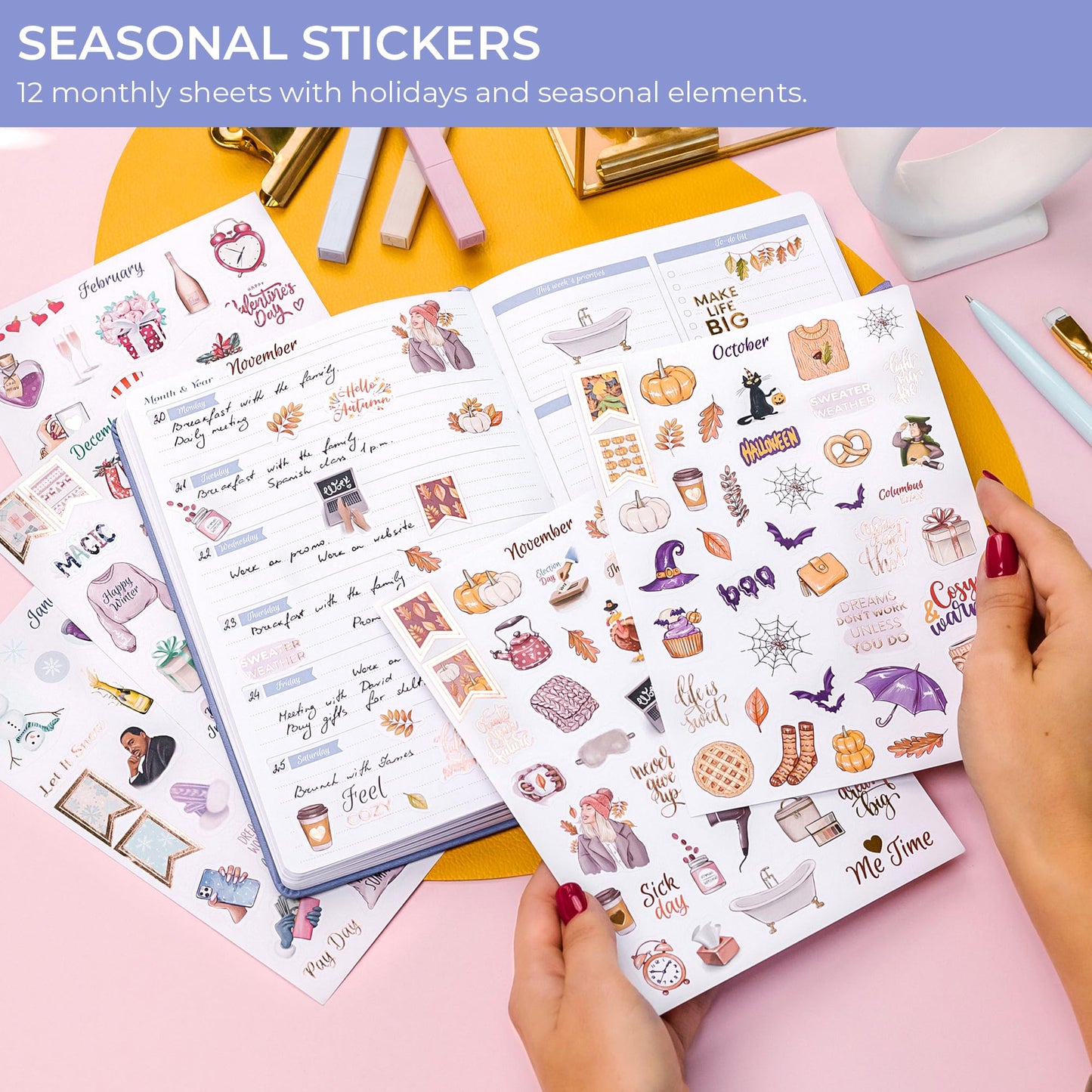 GoGirl Value Sticker Pack – 850+ Small Aesthetic Stickers for Planner, Journal & Calendar – Holidays, Seasonal Stickers, Inspirational Quotes, to-dos, Appointments, Budgeting & Text Boxes – 19 Sheets
