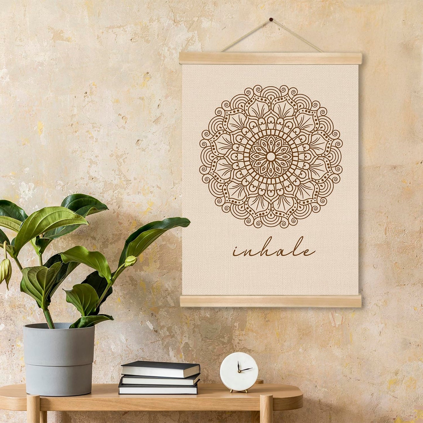 Inhale Mandala Wall Art ,Minimalist Yoga & Meditation Poster, Natural Linen Canvas with Wooden Hanger, Boho Zen Decor for Breathing Space, Spa Room, or Mindfulness Corner 14x18.5Inch(BG010)