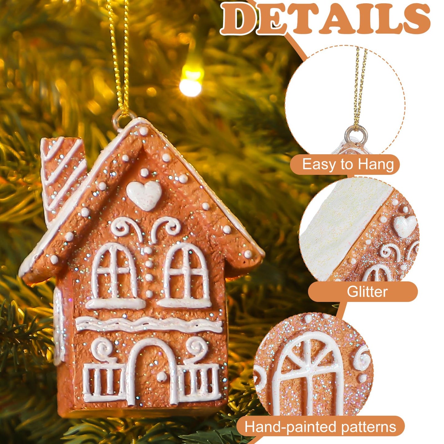 Weysat 6 Pcs Christmas Gingerbread House Ornament Glitter Christmas Tree Decorations Brown Gingerbread House Hanging Ornament for Xmas Tree Home Winter Party Decoration