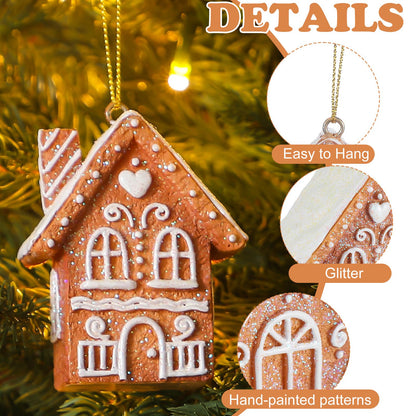 Weysat 6 Pcs Christmas Gingerbread House Ornament Glitter Christmas Tree Decorations Brown Gingerbread House Hanging Ornament for Xmas Tree Home Winter Party Decoration