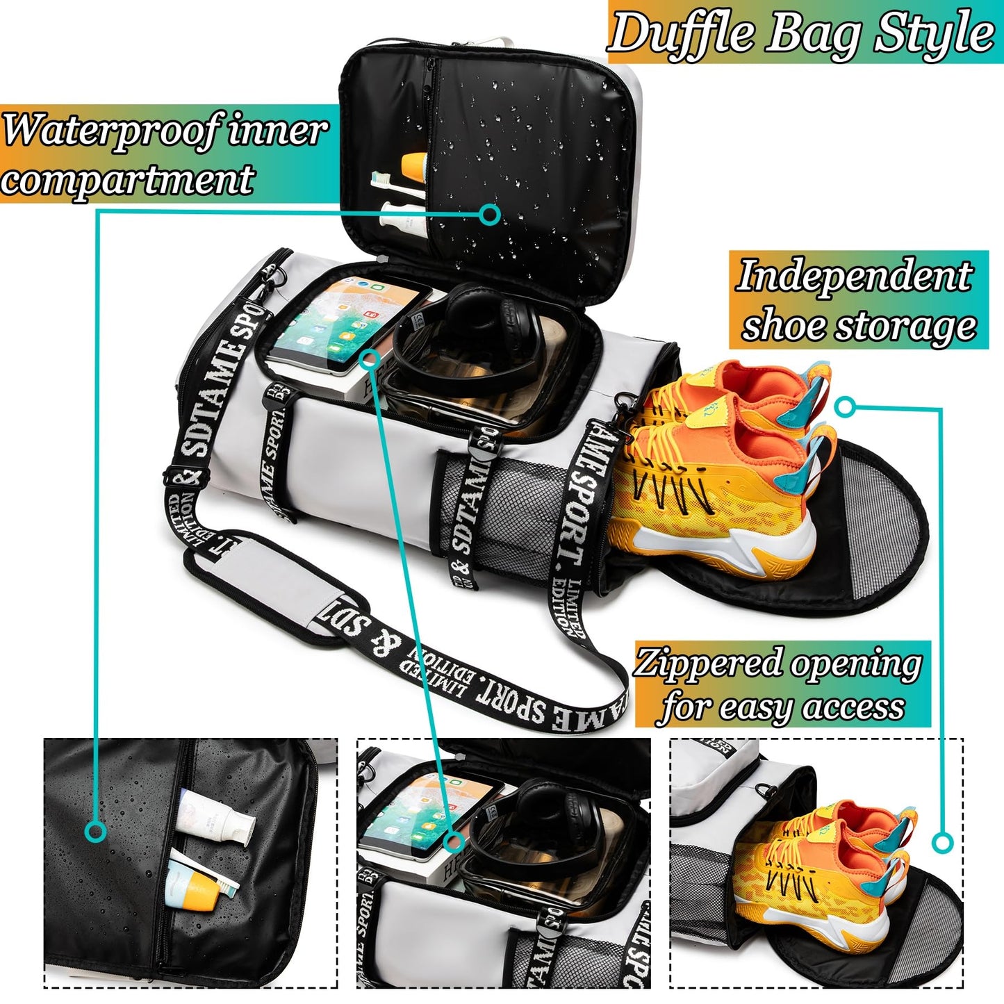 Gym Duffle Bag Backpack with Shoe Compartment,4 ways Travel Backpack for Women and Men,Multi-Functional bag with Waterproof Layer&Laptop Compartment for Fitness, Travel,Camping(Grey)