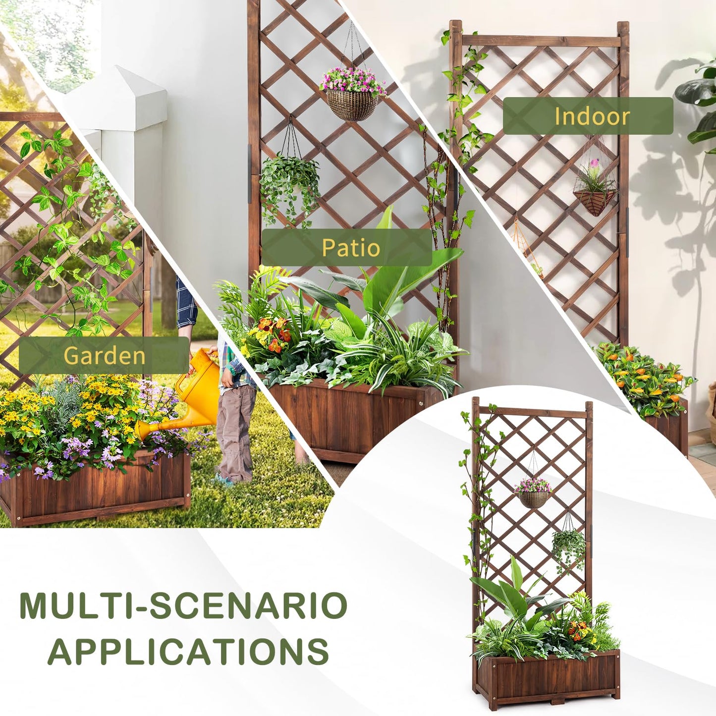 Outvita Wood Planter with Trellis, 29" x 17" x 67" Outdoor Raised Garden Bed with Drainage Holes, Vertical Standing Planter Box for Climbing Plants Vegetable in Garden, Patio, Balcony (Brown)