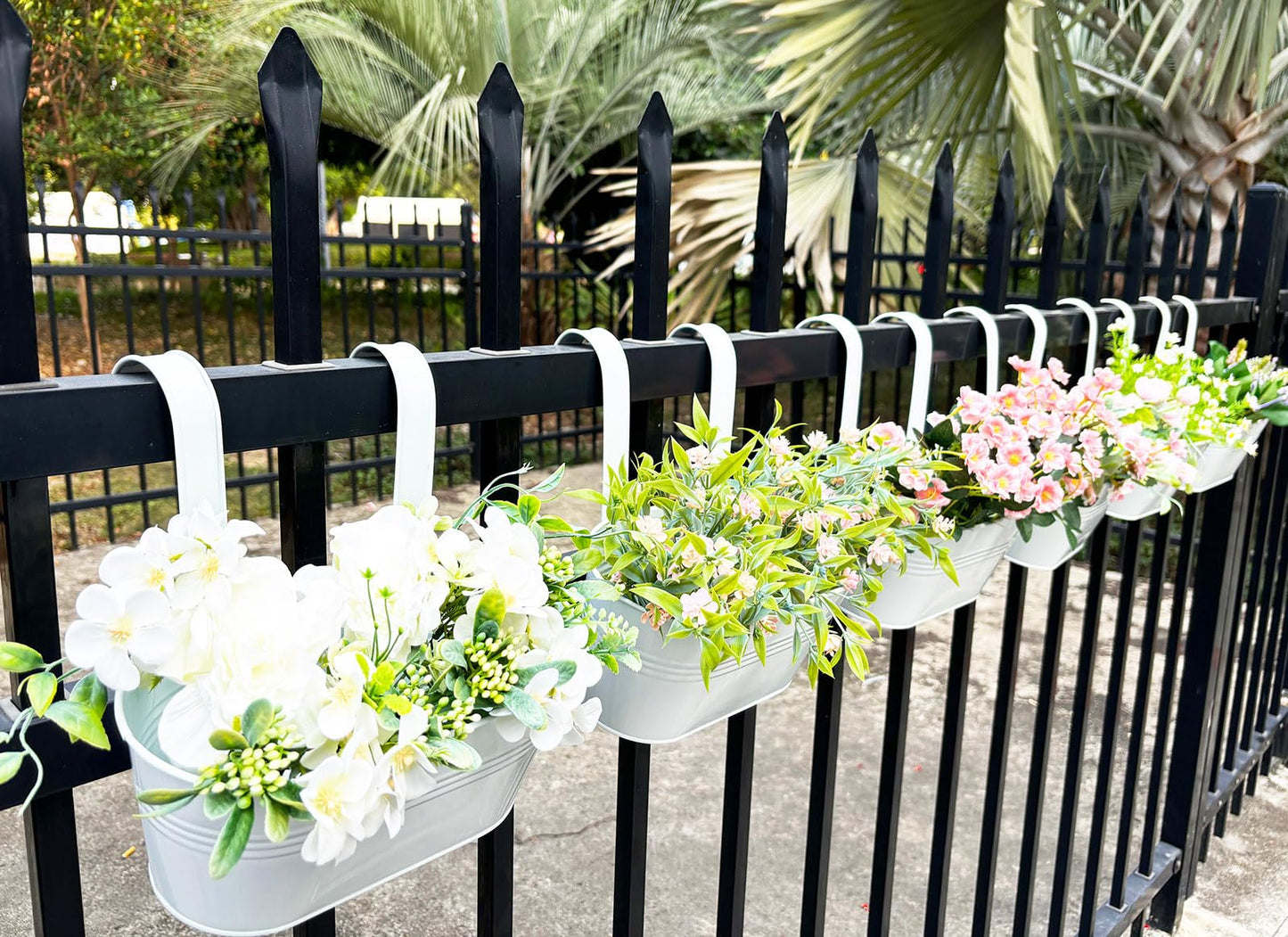 Joyfernal 10" Hanging Flower Pots, Pack of 6 White Metal Outdoor Patio Balcony Planter, Railing Planters Fence Pot with Detachable Hook & Drainage Hole for Small Plants (White, 6Pcs)